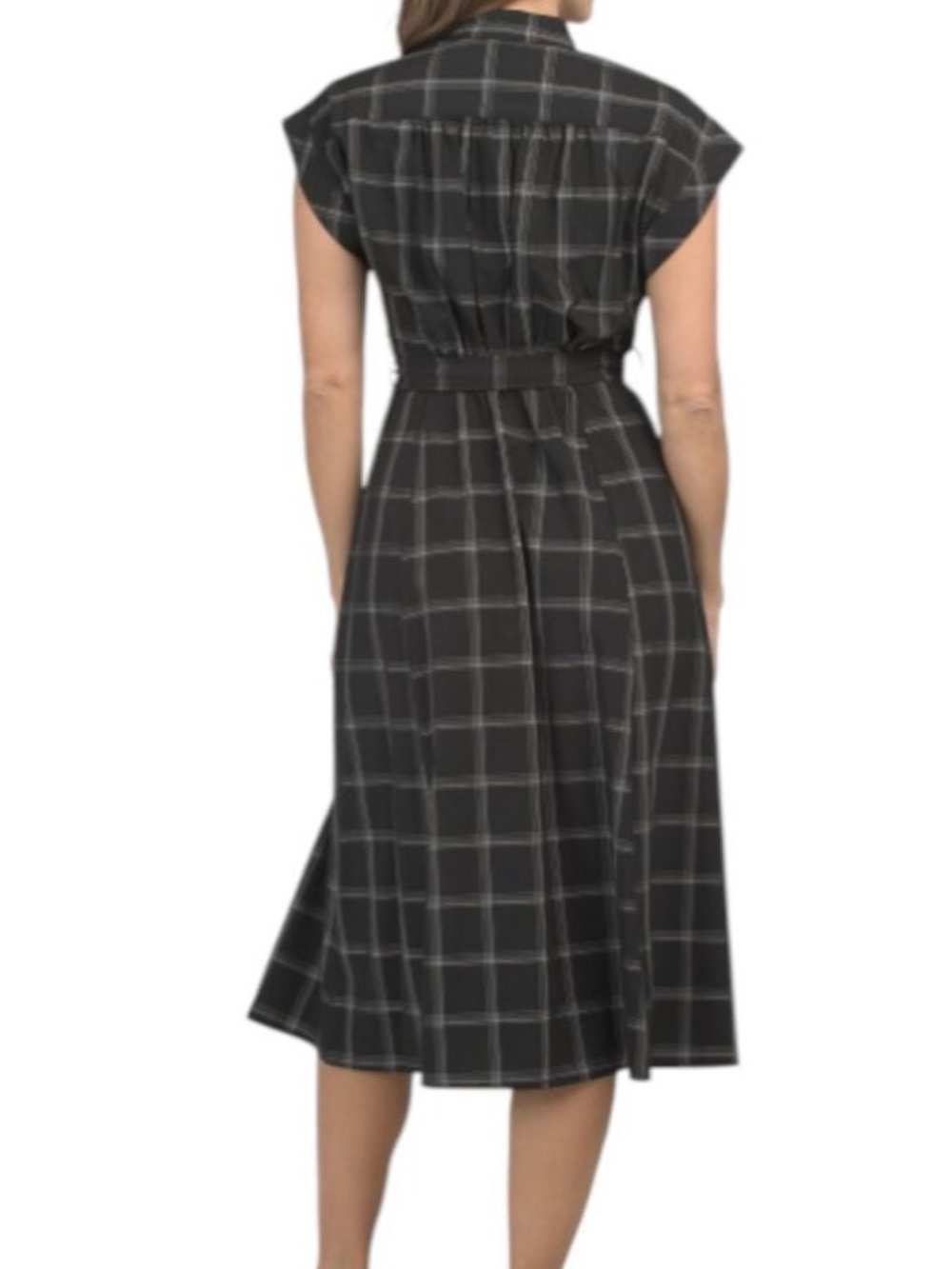 Calvin Klein Black Windowpane Belted Midi Dress